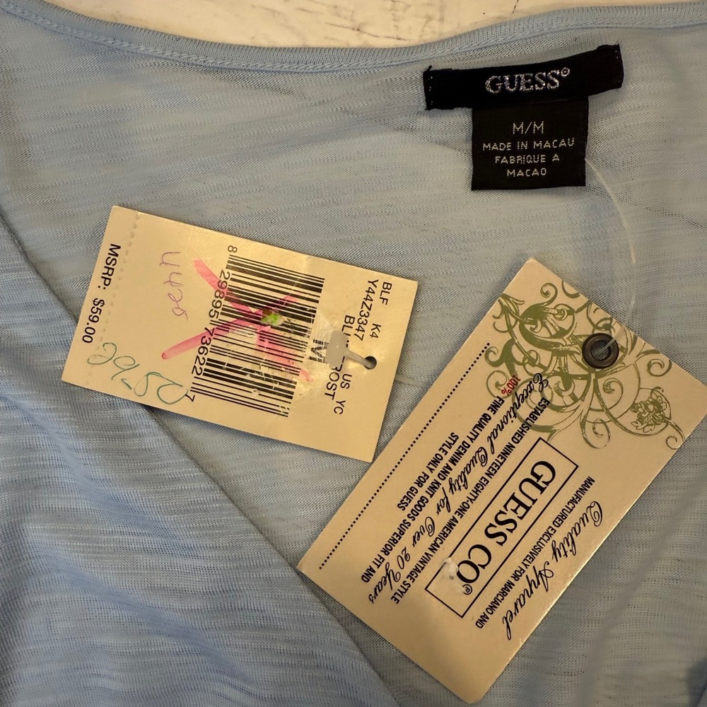 VTG Guess Y2K Sheer Baby Blue Twist Front Long Sleeve Top M babydoll deadstock - Picture 7 of 10